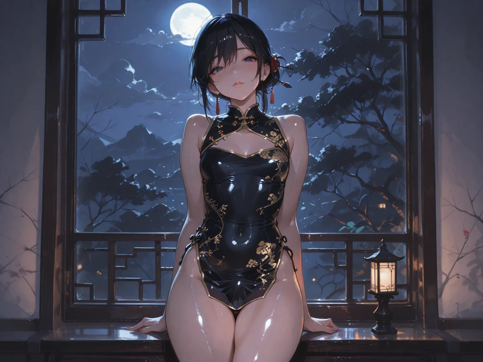 (masterpiece), best quality, expressive eyes, perfect face,((masterpiece)),((best quality)),((HD)),((extremely detailed)),((cinematic lighting)),((detailed)),((perfect face)), expressive eyes, dark skin,((tribal teen)),(beautiful nose),(earrings),(black choker),(long black hair),(blunt bangs),(black eyes),(sharp eyes),(thick eyelashes) ,((completely nude)), ((nipples)),(cute bottom lip), (jungle background),(tribal body tattoos), full body,girl seen from below, wet skin, tattoo mandala and flowers, interior of ancient temple flooded with water, night light, interior of ancient temple flooded with water, tattoos of mandala and flowers on bare skin, girl sitting on pedestal showing vagina, girl sitting on wall with thighs apart showing the vagina, illuminated face, radiant face with areola, feet submerged in transparent water,floating antique clock, lamp, lantern, night sky with storm, full moon, extremely soft and fluid paint, 3D liquid paint, 3D fractals,splash effect, sea, fluid, 3D fractals, dreamy glow, oil painting with strong strokes, dripping paint, night sky with storm, floating antique clock, lamp, lantern, nfsw, Caucasian girl, detailed background, detailed face , realistic face, overexposure, {{hyperrealistic}}, full body, love, devotion, beautiful lighting, warm lighting, cinematic shot, depth of field, iridescent, illustration, light smile, closed mouth, no panties, no bra, vagina a the view,slight smile, mischievous look, flirtatious look, flirtatious smile,