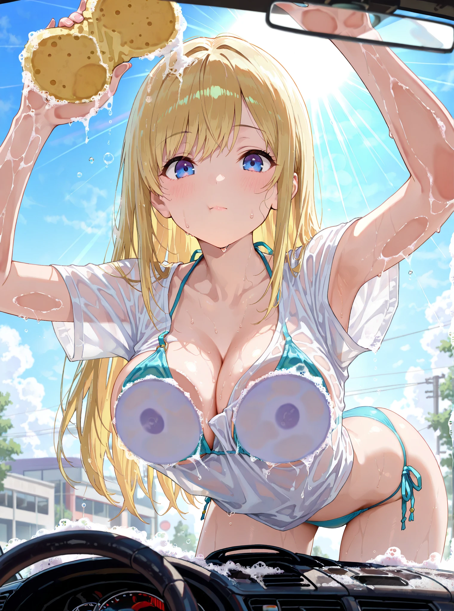 Magazine cover,Blonde long hair doll(Wearing a small bikini),Short jeans,(White skin),E7E48U,excited,Naturally large breasts,nipple,Elastic breasts,All sweaty, Prominently curvy buttocks, Big Ass,