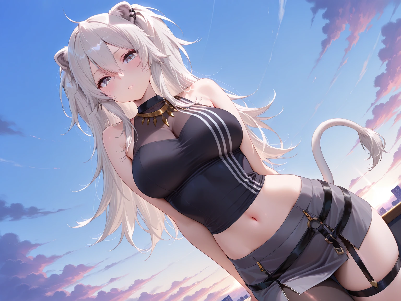 Adult woman with long white hair and medium breasts,Wolf ears,Wolf Tail,White sports top,Short-sleeved vest,cleavage,Bare waist,Denim shorts,thigh,Ruined City