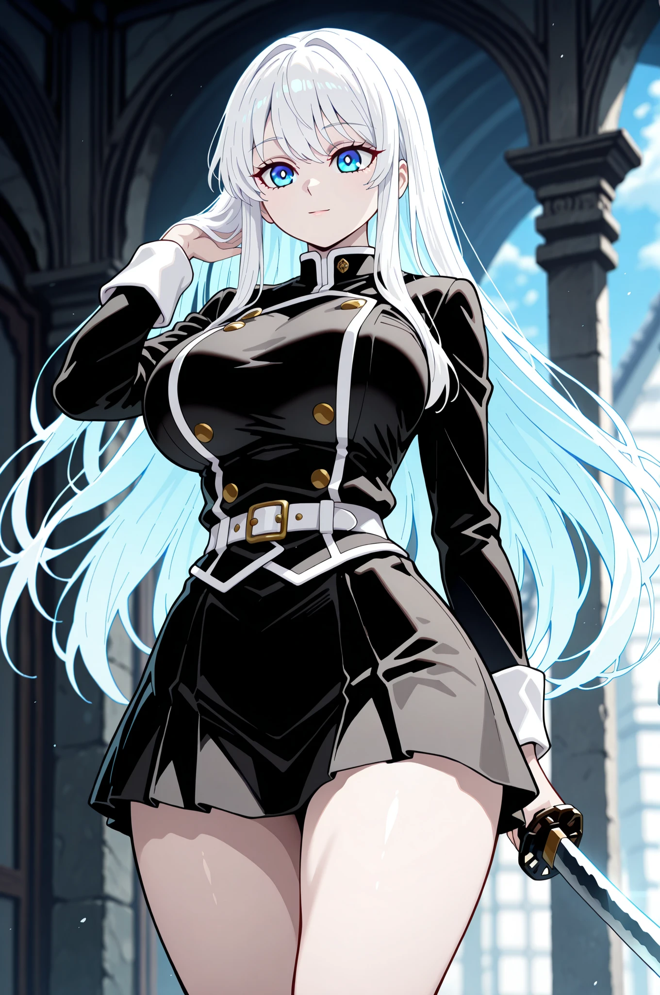 (masterpiece, best quality),  intricate details,
1girl,  edelgard, white hair, purple eyes, hat, peaked cap, military, uniform, military uniform, choker, thighhighs, boots, thigh boots, white footwear, chest tattoo, 
