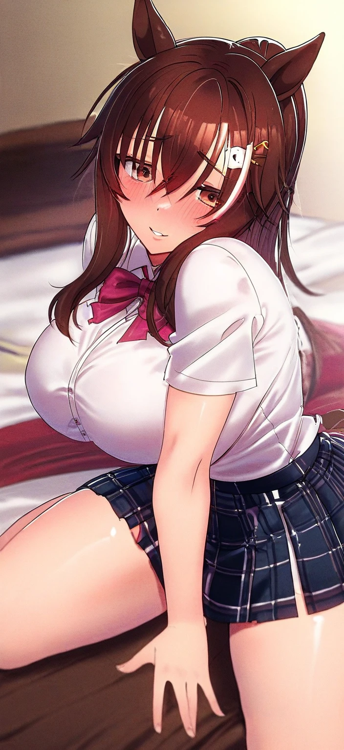 hmanga, (best quality, masterpiece:1.2), ultra detailed, (anime), 1girl, Izumi Nogami \(Ijirare shuu Saimin\), brown hair, Side ponytail, brown eyes, large breaps, white shirt,red bowtie, pleated_skirt, black skirt, black socks, sitting, white panties, (few),