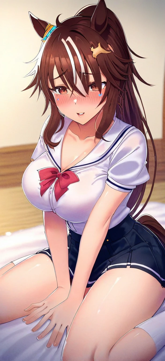 masterpiece, best quality, ultra high res, ultra-detailed, inside a luxurious wood bedroom, night, candles illumination, 1 student girl, slut, (brown hair: 1.3), (brown eyes: 1.3), (twintails with long bangs hairstyle: 1.4), (red nail: 1.3), (black eyeliner: 1.3), (hairy pubic hair: 1.3), (giant tits and giant cleavage: 1.6), (white unbuttoned shirt: 1.4), (blue pleated micro miniskirt: 1.4), (red tie: 1.4), (black lace-trimmed tights: 1.4), (cleavage exposed: 1.4), (Hard and erected Nipples: 1.4) sweating, (she is vulgarly standing and lifting a leg up in front of a luxurious bed while squirting a long flow of hot piss while she has the face of a very slutty whore with ahegao expression and moans a lot with open mouth and tongue out: 1.5)