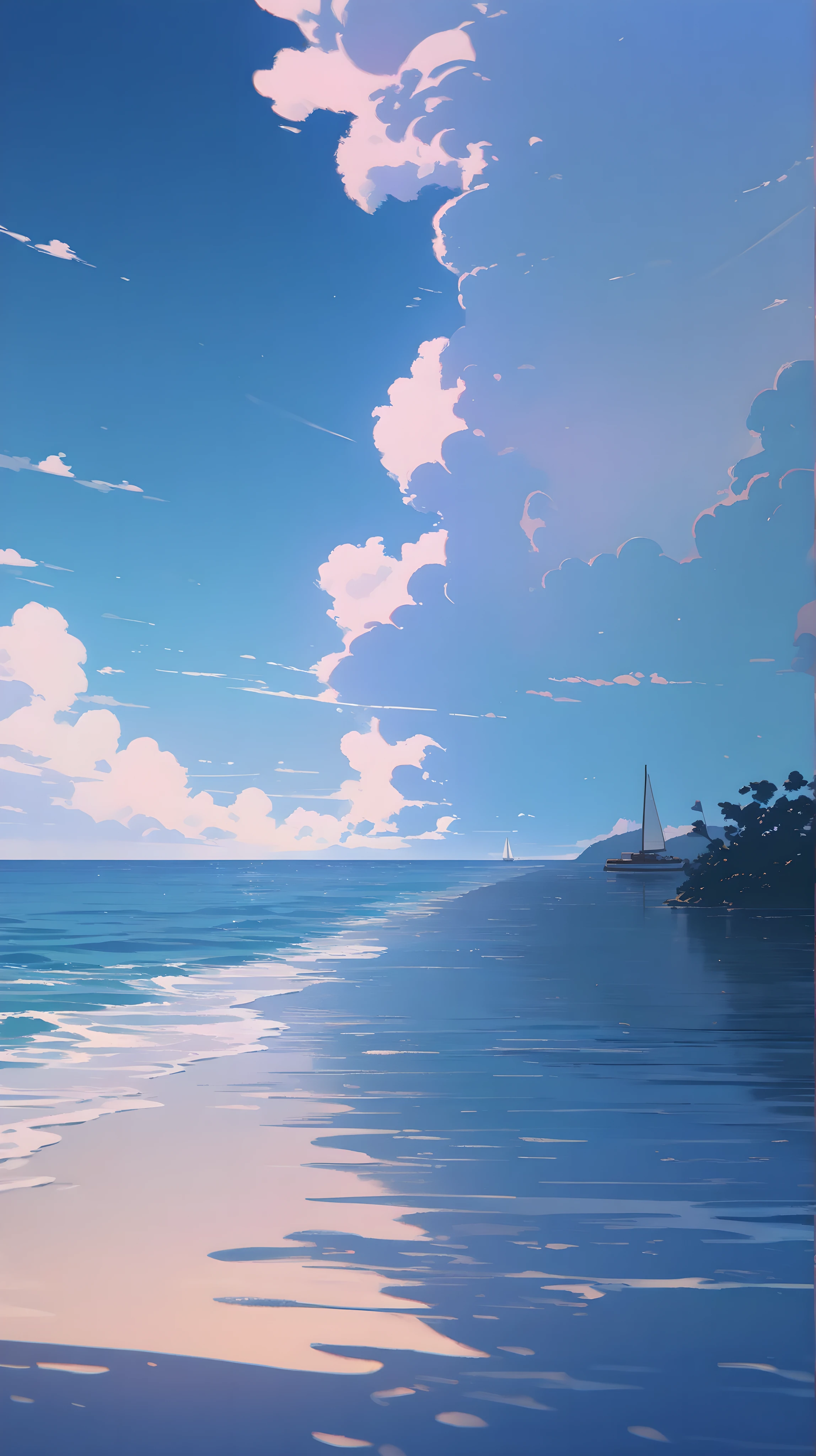 High quality, High detail, Blue sky, beachside，White lighthouse，White clouds,， Glow