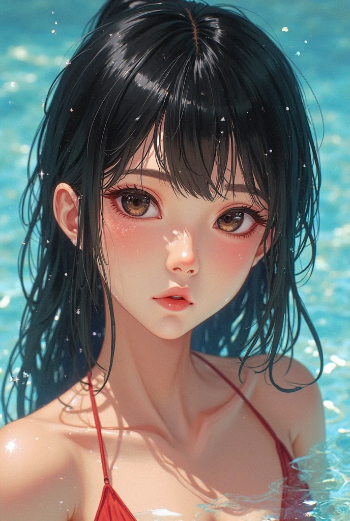 cute girl in water, playing, taking selfie, above shot, beautiful detailed eyes, beautiful detailed lips, extremely detailed eyes and face, long eyelashes, 1girl, photo, digital art, cinematic lighting, vibrant colors, highly detailed, 8k, HDR, hyper realistic, masterpiece, award winning, intricate details, photorealistic, soft lighting, warm tones