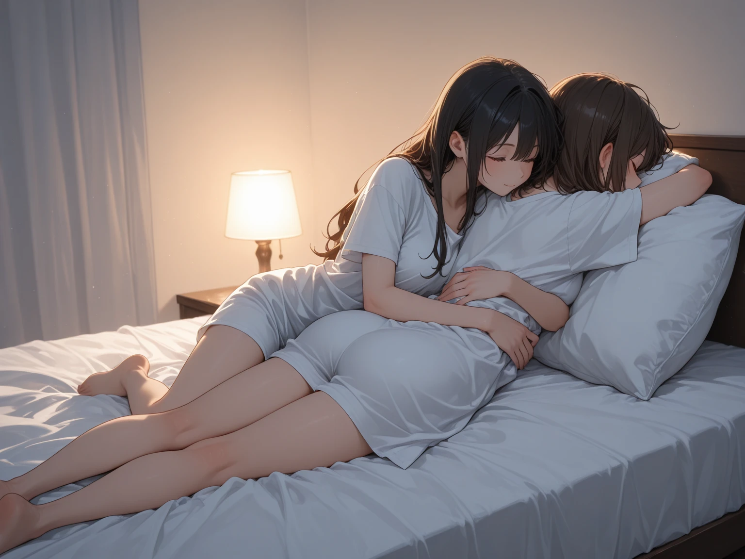 they are laying on a bed together and kissing, two beautiful anime girls, artwork in the style of guweiz, lesbian art, anime girls, guweiz on pixiv artstation, smooth anime cg art, wlop and sakimichan, guweiz on artstation pixiv, kissing together cutely, kawaii realistic portrait, photorealistic anime