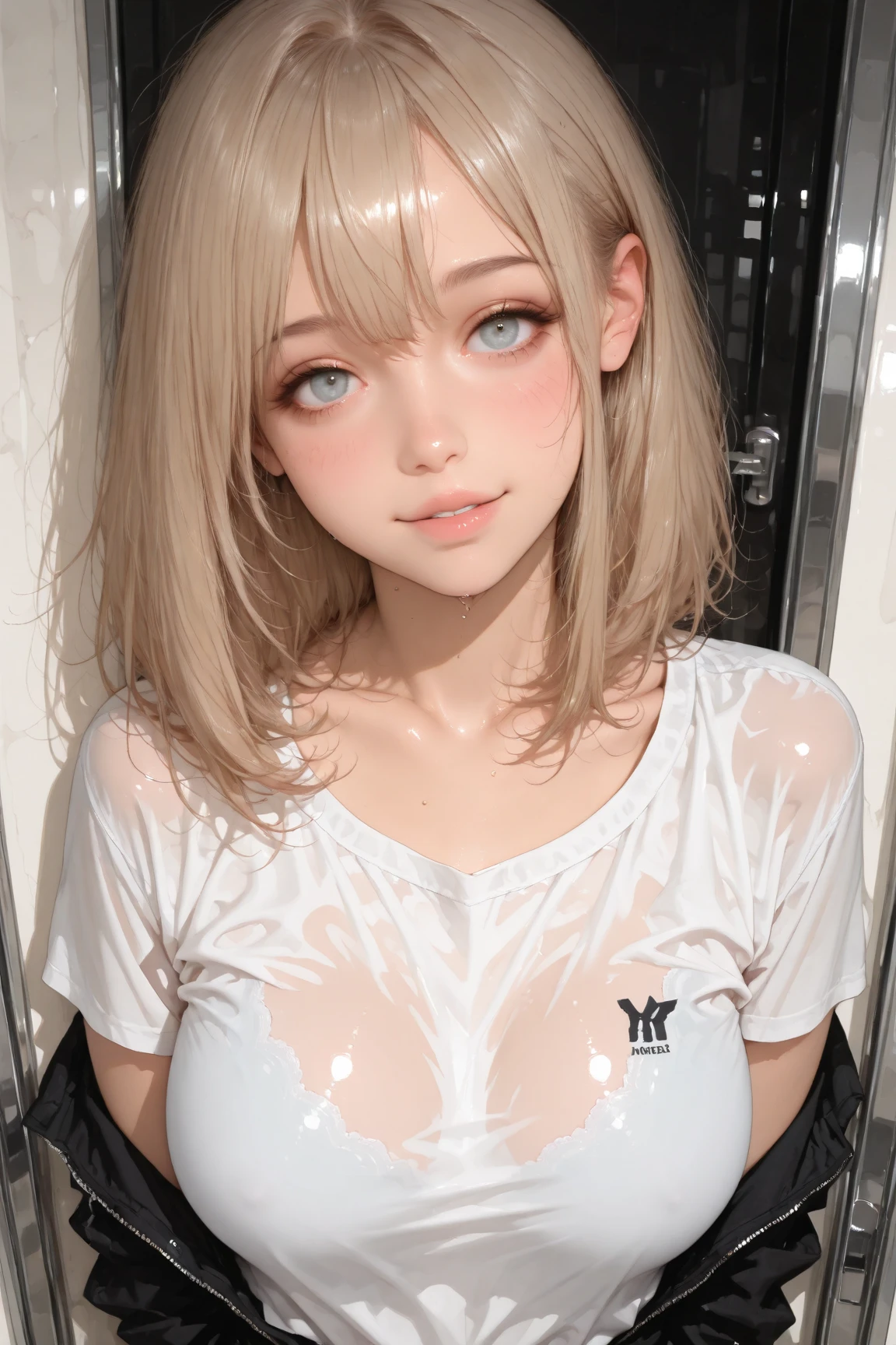 absurdres, (masterpiece, best quality), (ultra-detailed), extremely detailed,super high resolution, (Top Quality photorealistic Illustration), (Super Definition), (best quality,masterpiece:1.0),(cute illustration:1.3), (high Saturation:1.2), highres, ultra-detailed, 32k,8k resolution, intricate details, cinematic scene, detailed background, Soar (High chroma),(Sparkling),bathroom, BREAK (1 girl) (round face:1.6), (kawaii:1.6), (cute:1.6), (loli face:1.6), Beautiful and delicate eyes, Delicate and beautiful face, Facial accents, Perfect figure,(open shirt:1.6), (show off nipples:1.6), (exposing bare breasts:1.3), (exposed chest:1.3), (no bra:1.3),medium breasts, (small nipples:1.2), (small areolas:1.2),Uniforms、bright expression、poneyTail、Young shiny shiny white shiny skin、Best Looks、Natural blonde hair with dazzling highlights、shiny light hair,、Super long silky straight hair、Beautiful bangs that shine、Double eyelids、eye liner、Glowing crystal clear attractive big blue eyes、Very beautiful nice cute 16 year old Nordic girl、Lush bust,