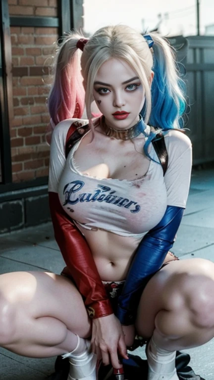 a female clown who has features of the Joker with unique makeup, purple hair, a scar on his face, a wider smile, looks scarier and has a red nose, nude, large breasts, tattooed, full body view. Skinny petite. In front of a wall with graffiti, sitting on the ground with legs spread, no clothes, with visible tan lines on the body 