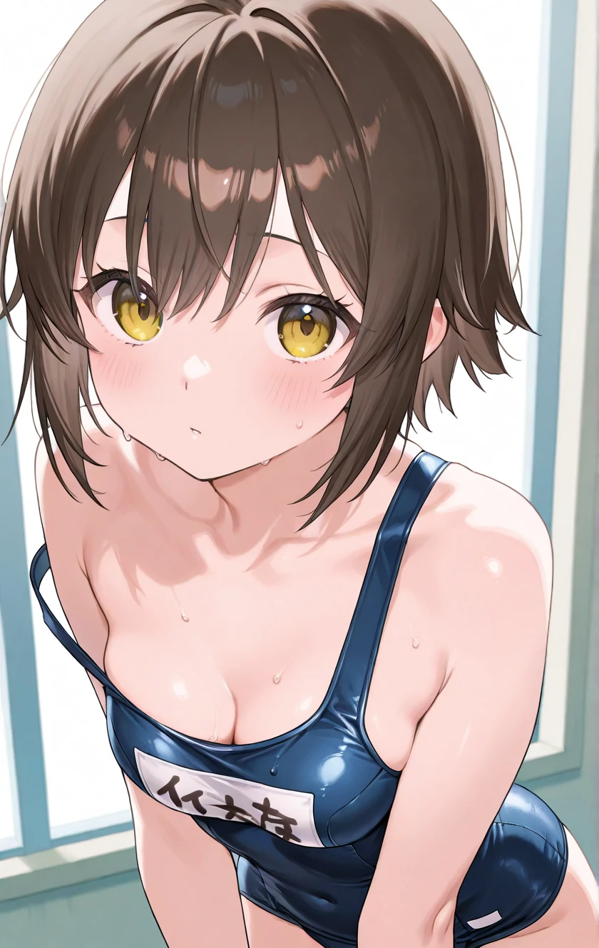 、(masterpiece、Highest quality)、Highest quality, Ultra-high resolution, (((masterpiece))), alone, Sweat、Big eyes, Composition from the front、Shortcuts、Embarrassed face、Bronze colored hair、Cut your hair short、Poolside、Black Micro Bikini、belly button、short hair、(Bronze colored hair)