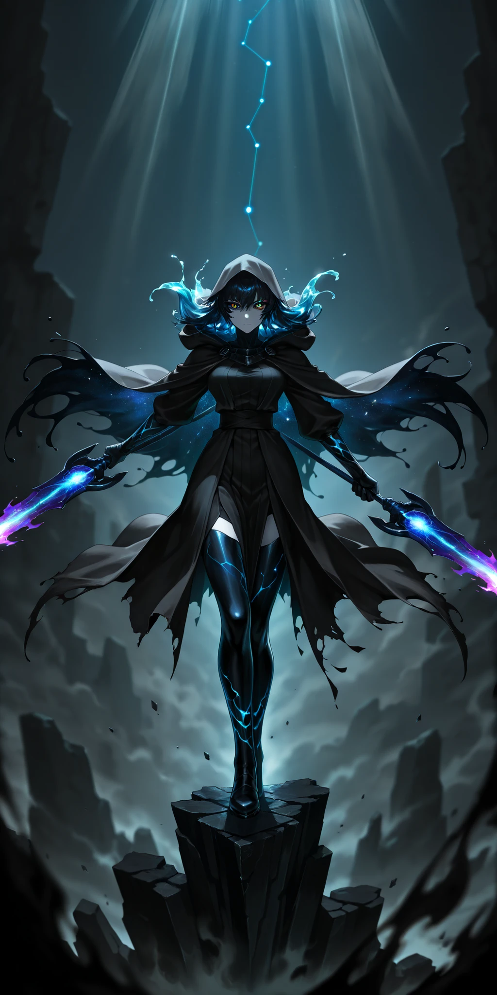 darkness, dramatic lighting, dark corridor, god rays, cinematic shot, mature,adult, masterpiece, best quality, amazing quality, very aesthetic, high resolution, ultra-detailed, absurdres, scenery, chaotic background, darkness, dramatic lighting, deep dark blue, abyssal ocean, abyss, Tron style
1girl, woman, solo, (dynamic pose, side eye, gathering energy, serious, scorn, close up shot:1.2), expressionless, cloak , hood , hood up, (liquid hair, dark blue hair, black hair:1.4), tsurime, narrow eyes, burning eyes, purple flames, liquid flames, napalm,(coloured sclera, quantum sclera, multicolored eyes, rainbow eyes, cosmic eyes, quantum eyes:1.2), quantum shadows, wild hunt, pale skin, wielding polearm, black robe, ornate blue patterns, dark blue environment, smoke, constellation, black tattoos, growl, cosmic weapon, liquid weapon, plasma weapon, plasma lance, plasma spear, novuschroma79 style, glitch art photo
BREAK, depth of field, volumetric lighting