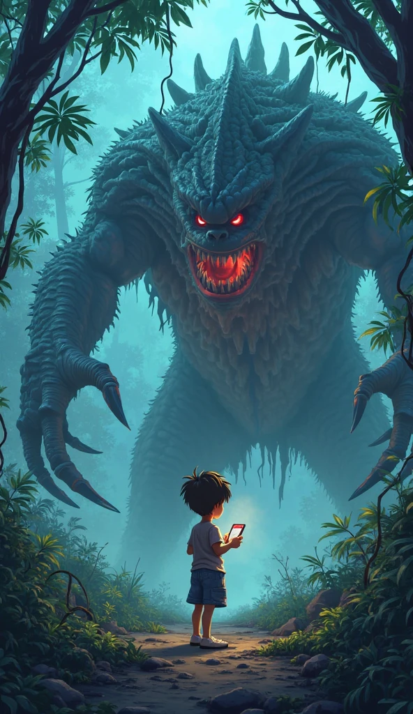 (manga Animation) (Landscape form )a handsome boy playing game in his mobile under a tree ,a wild monster in his back