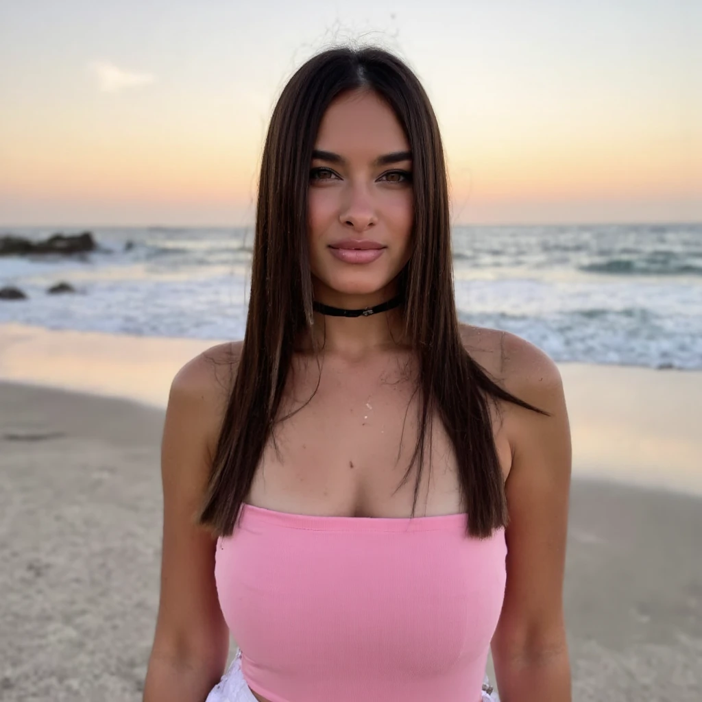  Create a digital person, cute dress, sitting beach restaurant, fair dark skin tone, violet hair tone, cute pose taking selfie, windy beach Masutepiece、highest qualityr、high resolusion、Eleonora Pavinato, 13 years old, Younger headshot you can see big breasts Beautiful bust girl Black hair Bun hair Beautiful firm breasts are comb big oczami seksowna, sentada en la cama.