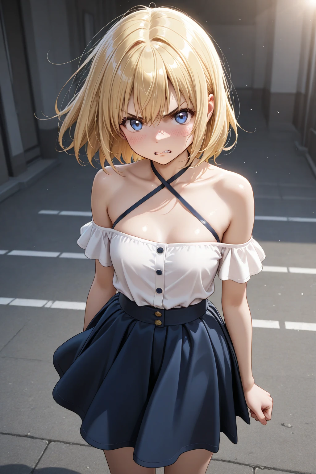 best quality,masterpiece,shiny blonde,blue eyes,white clothes, look down on, upper body,hair strand,Fair skin,short bob,wet