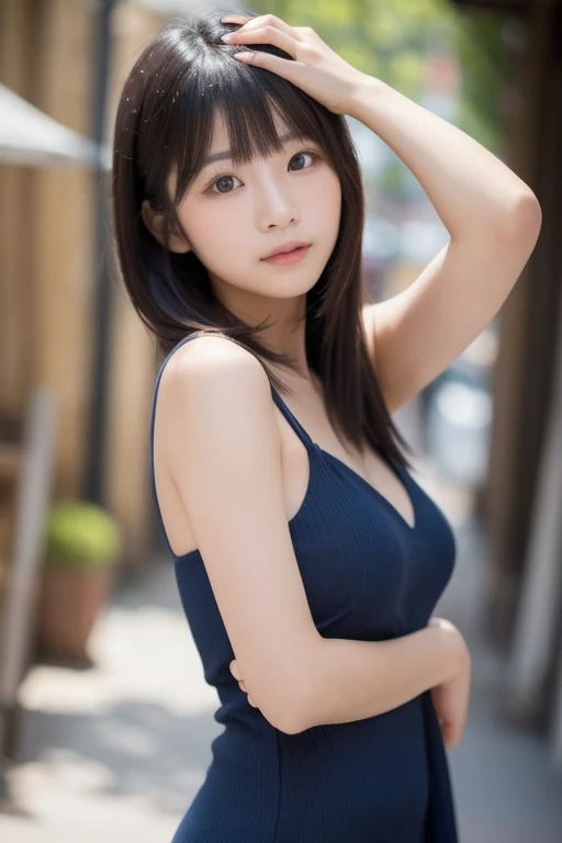 ((Best of the highest quality, 8k, Masterpiece: 1.3, raw photo)), Sharp focus: 1.2, (1 AESPA girl: 1.1), (Solo: 1.18), (realistic, photo-realistic:1.37), face focus, cute face, finely eyes, (Small breasts, flat chest, Thigh: 1.2), (full nude, navy bra top: 1.4), short messy hair, updo, squatting, garden, flower,