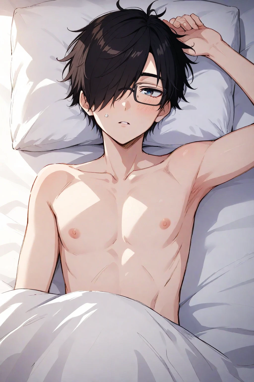 ultra-detailliert, Best Quality, High resolution, ((1girl in)), Looking at Viewer, pale skin, Petite, (Black underwear), (Very short hair), (flat chest), (Glasses),  (blush:1.2), Blue eyes, An embarrassed smile, NSFW, Lying on your back in bed、A dark-haired、