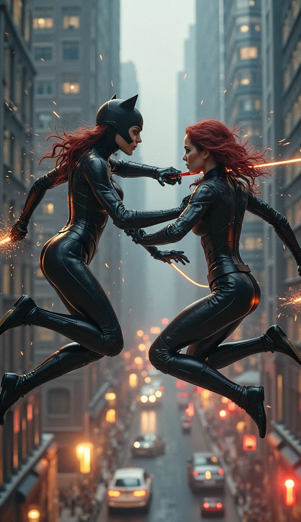 Fight scene. Urban setting. ((((Two women fighting)))), one is airborne and the other is at the ground. (((((Electromagnetic Woman is flying))))) between buildings and shooting lightings at Dawn, who is at the ground.

Electromagnetic Woman has almond-shaped eyes, dusky olive complexion, long flowing locks of jet-black hair, streaked with vibrant blue, dancing with electricity. She wears a futuristic bodysuit made of a metallic fabric pulsing with energy, adorned with intricate patterns resembling circuitry. The suit is primarily black, with electric blue accents. Around her waist, a belt adorned with metallic coils and gadgets. 

Dawn is a Caucasian, long red hair, blue eyes woman wearing a red eyes mask, bright yellow swimsuit, red silken gloves and  red leather boots.
