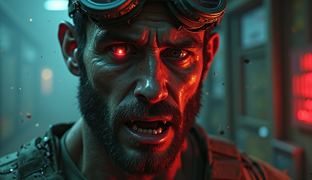Wide angle Environmental shot in a cluttered and messy shack , action shot, tattered torn shirt, porcelain cracked skin, league of legends, vibrant, photo realistic, realistic, dramatic, dark, sharp focus, 8k."orc repairing cyborg arm as a realistic scifi cyberpunk knight, medium shot, intricate,unreal engine, cozy indoor lighting, artstation, detailed, arms crossed