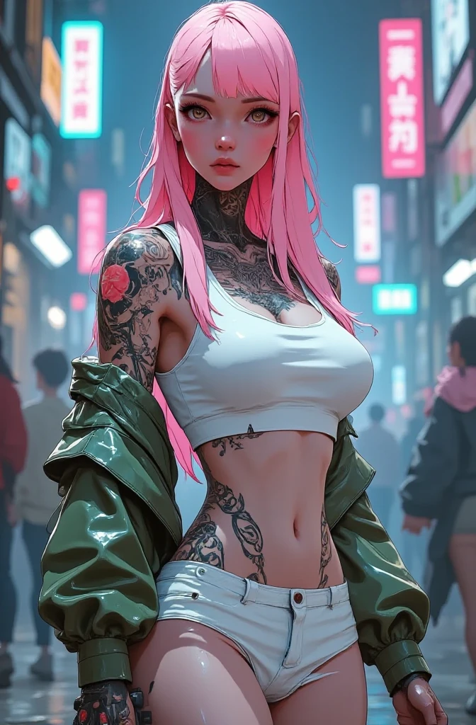 (((of the highest quality: 1.4))),(unparalleled masterpiece ever), (Ultra high definition),(Ultra-realistic 8K CG, camera view from behind), offcial art、 (((adult body, super huge enormously gigantic tits, cleavage showing))), (((1girl in))), ((( Bob Shorthair ))), Punk girl with a perfect body, kimono with lots of straps buckles and zippers,Beautiful and well-groomed face,Fancy makeup,Detailed punk trendy fashion,detailed kimono, (Image from head to thigh),((Platinum pink Bob Shorthair )), Harajuku-inspired hooded kimono, Simon Bisley's urban savage style,Detailed street background of Tokyo,Clean abs, Complex graphics, dark pink with white stars and gray and white stripeany poisonous tattoos )), piercings, cherry blossoms blowing in the wind