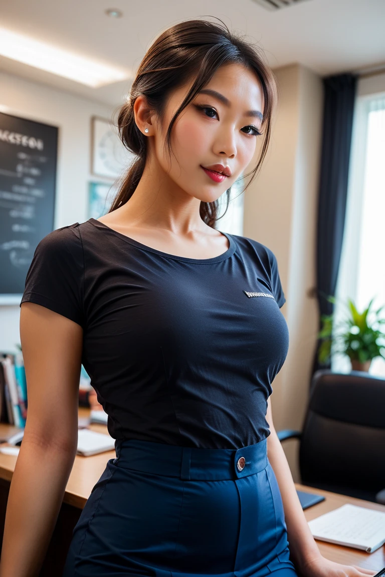 (masterpiece, best quality:1.3), 1girl, nice hands, gigantic breasts, nearly exposed breasts, upper body, a full body shot, flirting, 18yo, beautiful hips, blond bun hair, blue eyes, front layers hairstyle, unbutton, black short mini skirt, lavender short shirt, high thigh, office, work