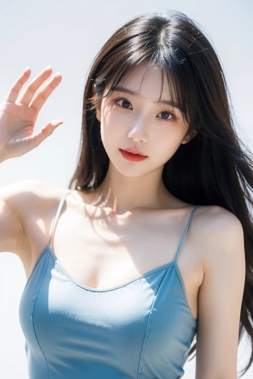 sexy model, blue theme, long hair, high contrast (Natural skin texture, Hyperrealism, Soft Light, sharp), portrait, standing, korean, bikini
