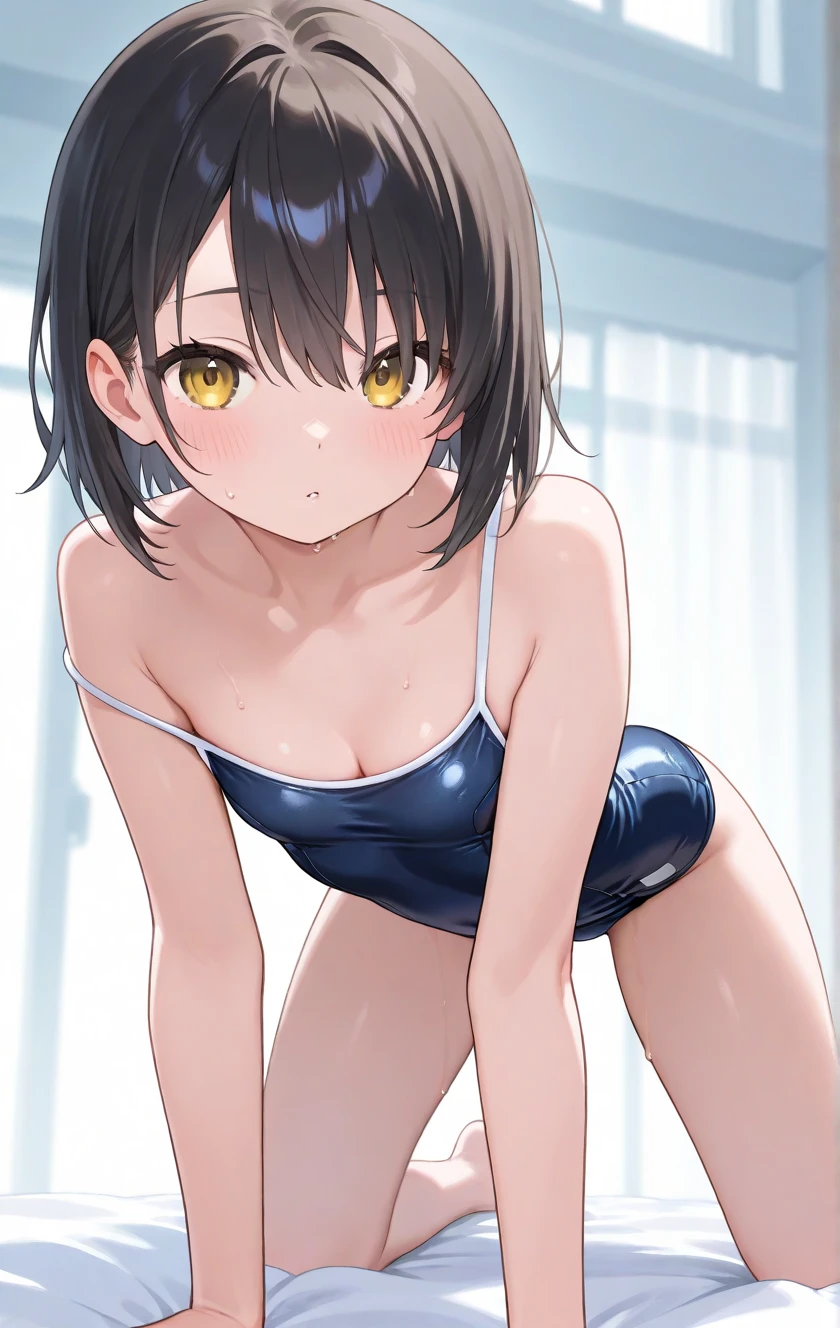 15 year old Japanese, 、Black short bob, short hair, asymmetric hairstyle、small size of breasts, Flat Chest、Slim body, squatting position, Spread your legs, Spread your legs, Only one girl, On the bed、One piece swimsuit、Navy blue school swimsuit、Front of body、looking at the camera、Glaring、Angry crying、Flowing Tears、barefoot、Camel Toe、Pee、Yellow water from the genitals