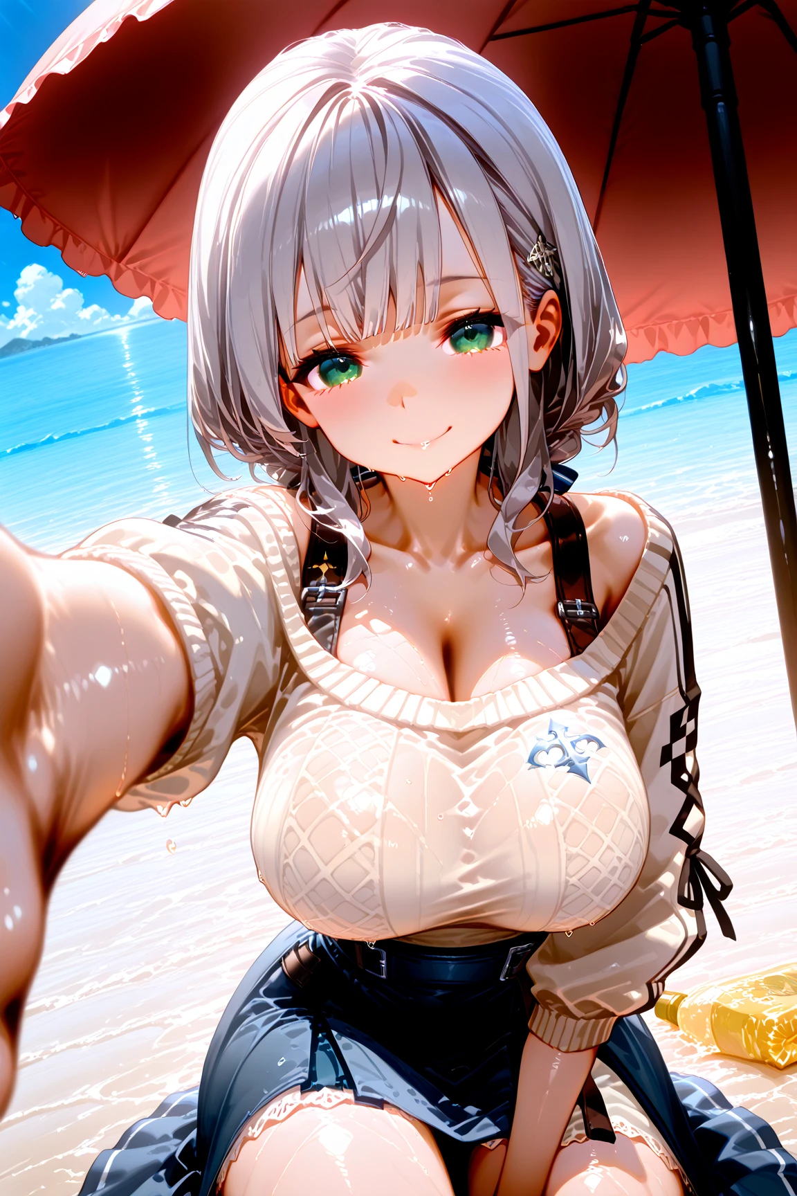 selfie, 1girl, white hair, purple eyes, parted lips, blush, makeup, light smile, bikini, beach, sweat, wet, light rays, glow, thighs, collarbone, narrow waist, (masterpiece), wallpaper,