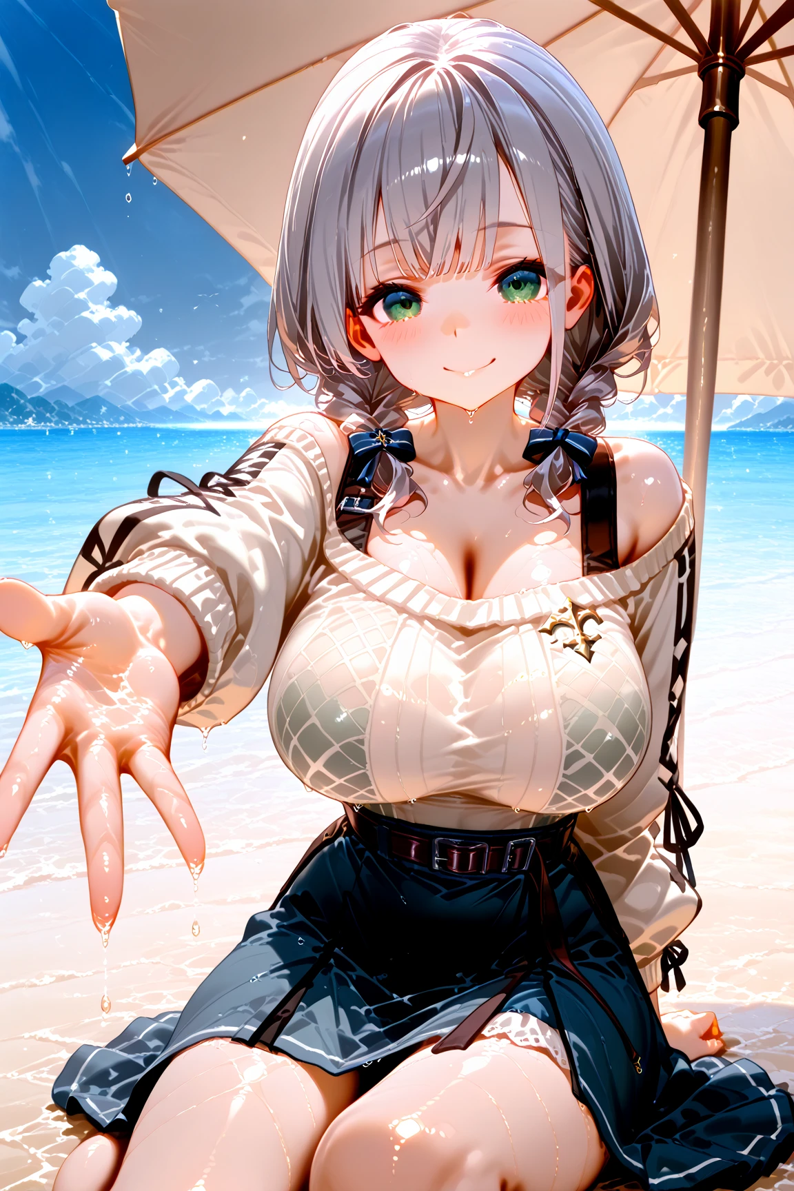 One girl, alone, Upper Body, In-person audience, View your viewers, smile, Micaboin, Sunburn, SunburnLINES, necklace, bracelet, Striped bikini, multicolored stripes, Side tie bikini bottom、Nipples are visible、Completely naked