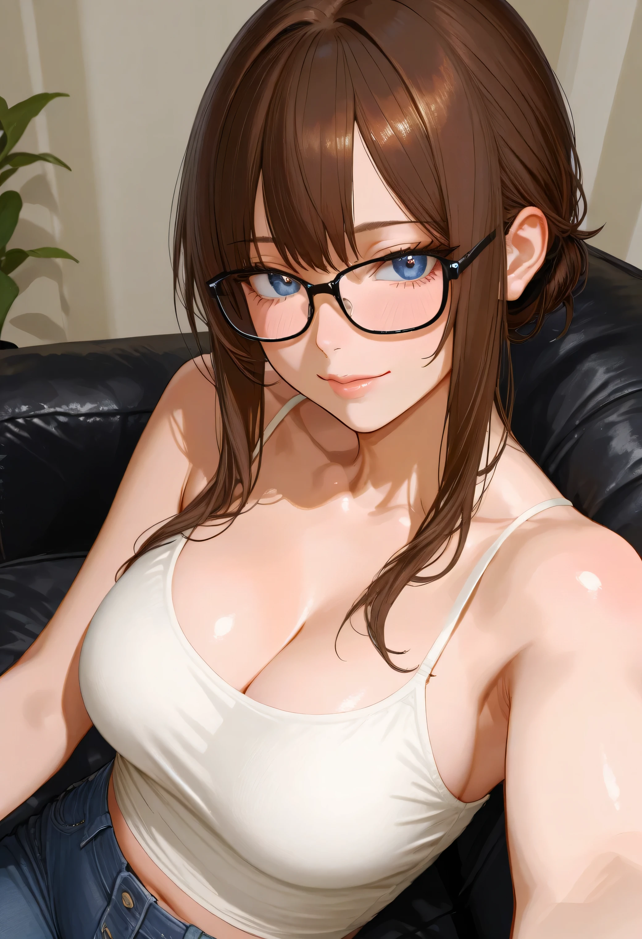 (8k, RAW photo, best quality, masterpiece:1.2),1girl,solo,long hair,smile,black bikini,sagging breasts,absurdly gigantic breasts,huge cleavage,extremely gigantic breasts,glasses, looking at viewer, sitting on the bed,bedroom,