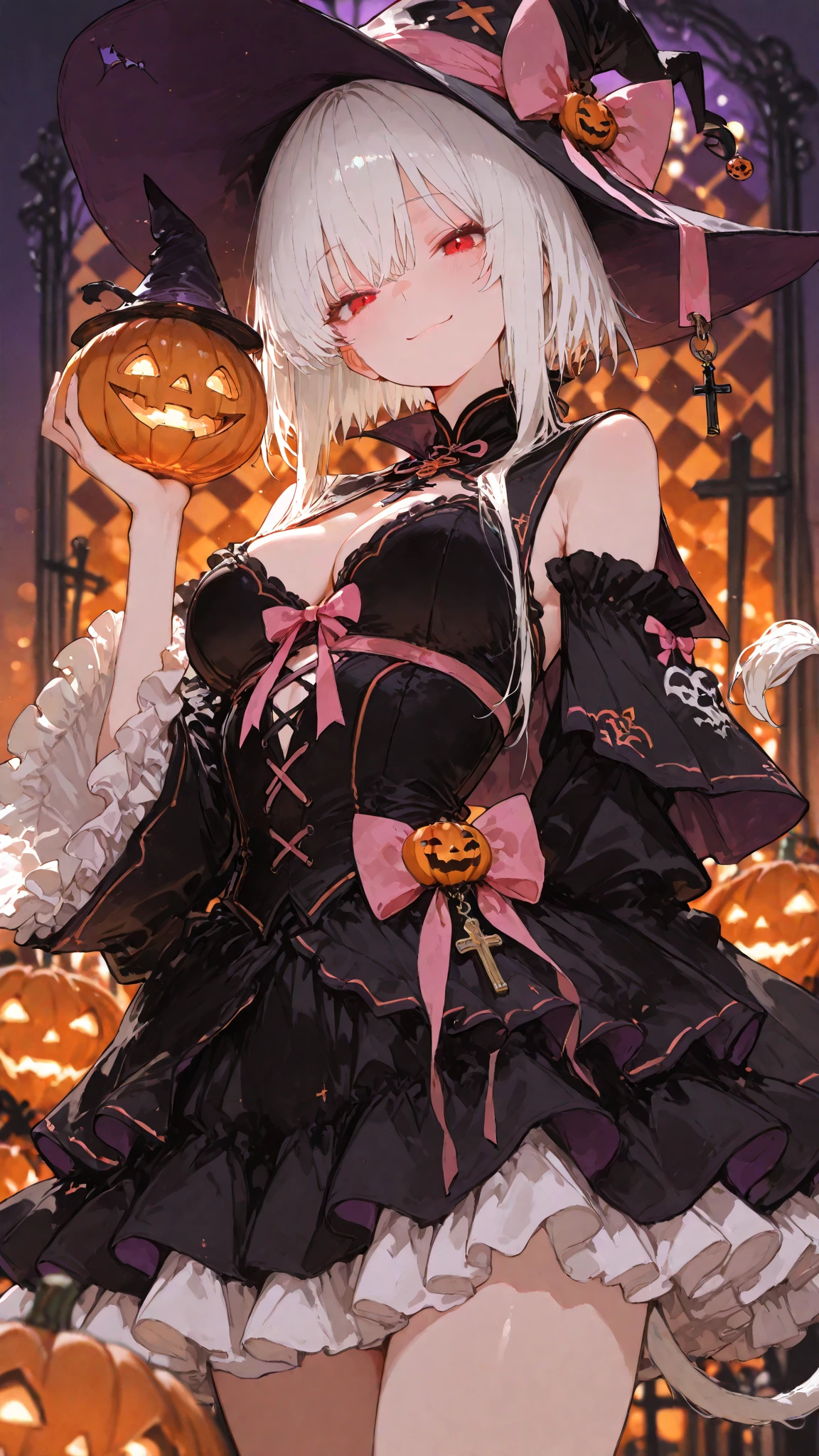 (Official art、Best Quality、Unity 8k Wallpapers、32K、masterpiece、ultra-detailliert、超A high resolution、realisitic、Photorealsitic:1.2)、(Cinematic lighting:1.2)、Fireglow effect、film grains、Best Shadows、(Ultra-detailed and complex 3D rendering)、Detailed beautiful face and eyes、Realistic pupils、Sharp pupils、A slender、Medium bust、(Full body:1.2)、side lights、 Highly detailed background、(super detailed skin、detailed skin textures:1.3)、(Close-up of a group of carved pumpkins in the park, jack-o-lanterns, Pumpkin glowing under the tree, Halloween atmosphere, Halloween Scene, jack - o'- lantern, pumpkins, Evil spirits walk around with lanterns, halloween celebration, Halloween, Spooky and scary atmosphere, halloween theme, Halloween Decorations, halloween night, shutterstock, trick or treat, edited、Very colorful、Vivid Color)、shinny skin、 20-year-old beauty、Beautiful wavy platinum blonde hair、 Blue eyes、beauitful face、Playboy Bunny Girl、High-cut leotards、a bow tie、Cuffs、Wearing fishnet stockings、Black rabbit ears、Ghost pumpkin hair ornament、With a rabbit tail in the ass,,,,,,,,,,,,,,,、Holding a haunted pumpkin in both hands、Bring your arms forward、(Happy expression on face、Self-satisfied smile:1.2)、dynamicposes