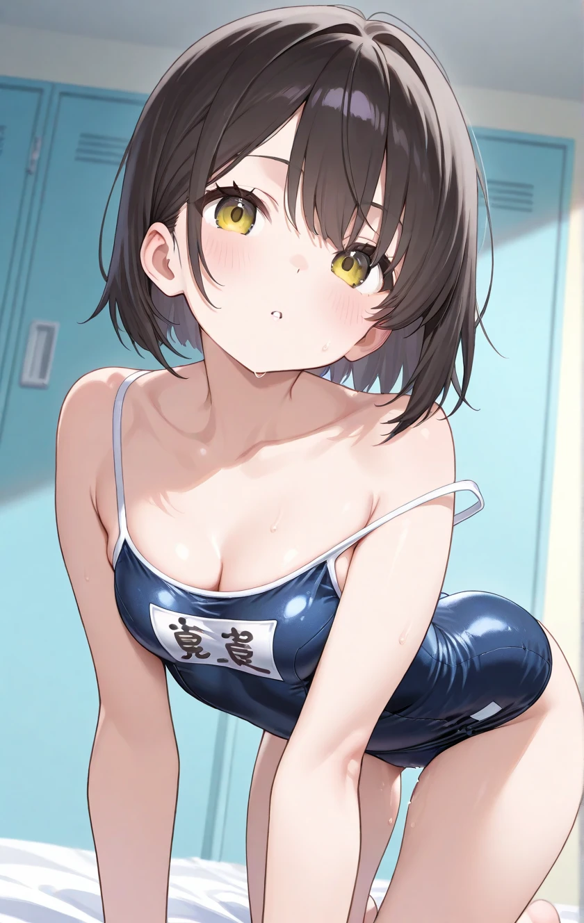 solo, 1girl, , hazuki katou,.,looking viewer ,grin,medium breasts,locker room,race swimsuit,leotard,ass,from back,nsfw