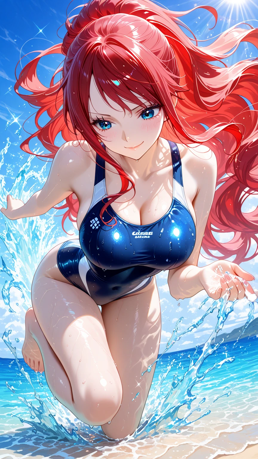 red hair, twintail, small breast, blue eyes, red swimsuit

