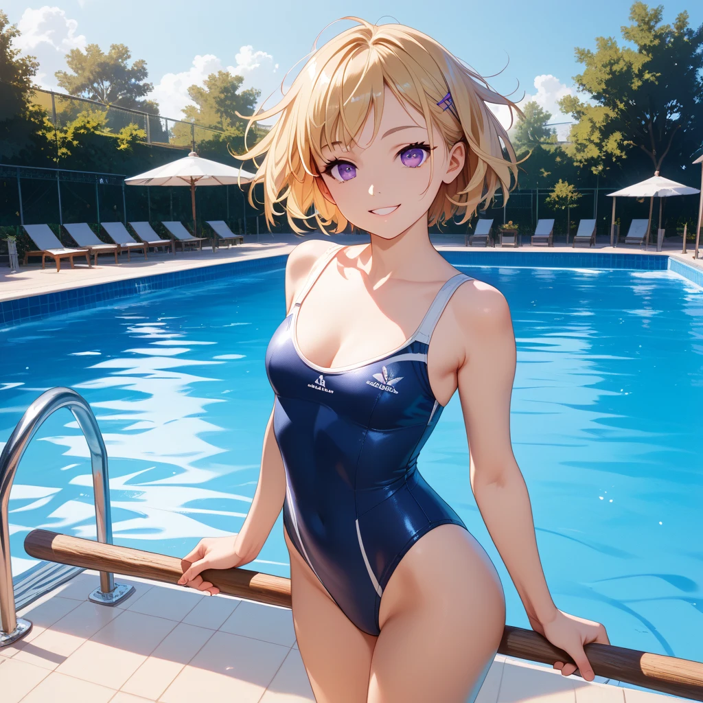 (Unity 16K Wallpaper, Masterpiece, Best Quality, Ultra-Detailed, Extremely Detailed CG, Caustics, Cinematic Lighting, Detailed, Beautiful Detailed Eyes, solo, vivid image quality, brighten the subject, pool side),Ultra High Resolution, fine skin、sexy, (curby), nsfw,(white school swimsuit:1.3), small breasts, smile, cowboyshot, yellow hair, yellow eyes, face up,
