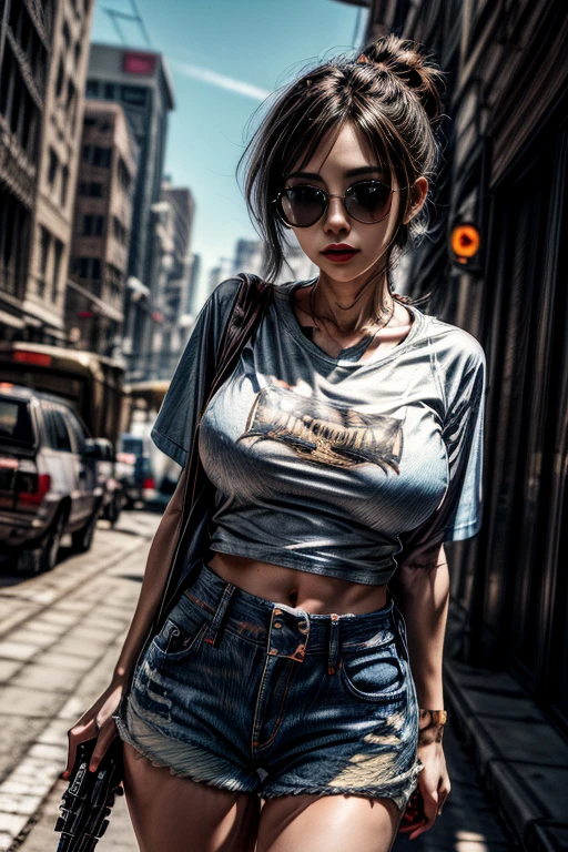 （（Large breasts，Beautiful girl，））， （chiseled abs：1.1），（perfect bodies：1.1），（Short wave hair：1.2），auburn hair，collars，chain，full body shot shot，crowding street，Wear a vest，jean jacket，（torn laundry：1.3）（（shorter pants）），（Very detailed CG 8k wallpaper），（Extremely refined and beautiful），（tmasterpiece），（best qualtiy：1.0），（超A high resolution：1.0），beautiful illumination，perfect lightning bolt，realistic shaded，[A high resolution]，Detailed skins， hyper-detailing（（（a color））），high realistic，