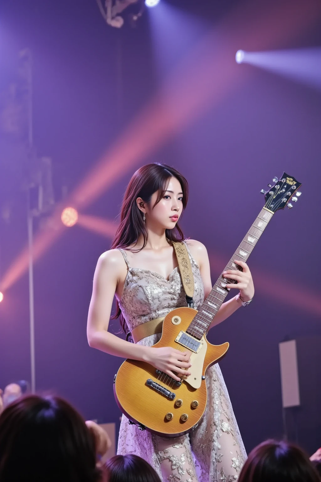 A glamorous woman (exciting flashy outfit), matching guitar, is performing in a crowded Kpop concert, lively performance, power ballad