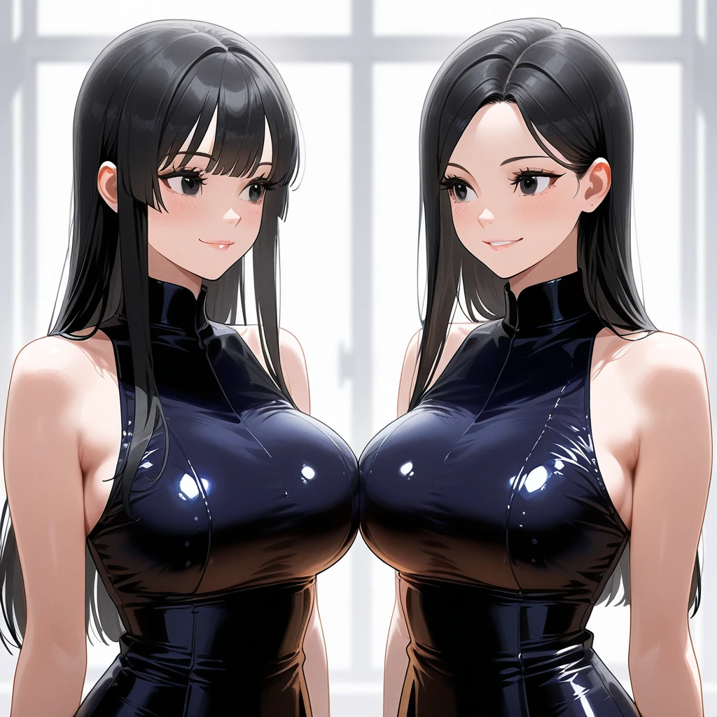 A girl with long straight black hair, flat chest and cleavage, squats barefoot in a one-piece swimsuit and pantyhose