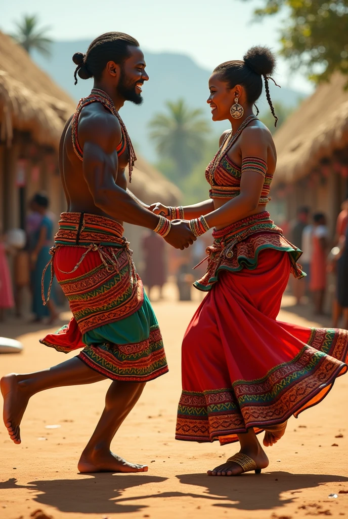 Diallo ( homme) et Amina ( femme) Leur danse est animée et synchronisée, avec des éclats de rire et des regards complices. (Massaï)