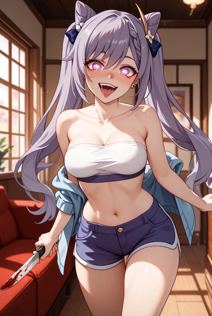 Shirakami Fubuki, masterpiece, best quality, extremely detailed, anime, purple hair, yellow eye, belly, , armpit, thigh, peeing, drooling, sweating, seduced, hypnotized, milk, touched, enjoyed
