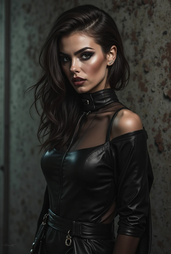 “best quality, masterpiece, ultra high res, (photorealistic:1.2), 1girl, (detailed face:1.2), (detailed eyes:1.2), (detailed hair:1.2), (detailed clothes:1.2), 4k, Black Widow costume as Sasha Grey, (large lips), (black lipstick), noir vibes, moonlight through the face, malicious smile