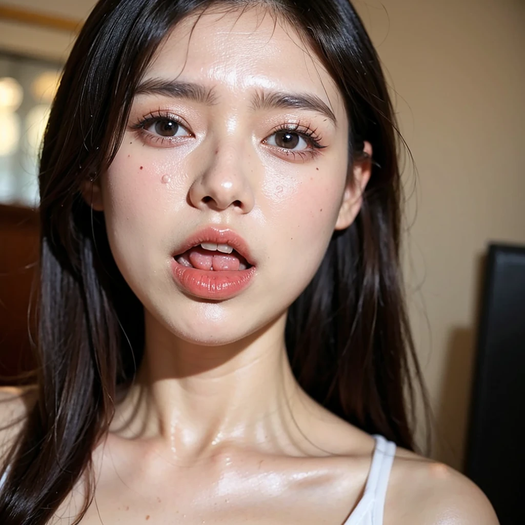 Japanese female one person. Fits your face. Age 25, Sharp jaw, RAW Photos, masterpiece, Highly detailed photos, Digital SLR, Photorealistic 3.9, Ultra-high resolution, Highest quality, Pink Lips, No makeup, big, Light brown eyes、(Bobcut、Forehead Baring)、Photographed by a professional photographer、whole body、smile、Mole under the eye、Blushing、Glowing Skin、Natural Favour、Open your mouth a little、(stick out your tongue a little)、I like you、Nice body、Sunburn mark、Covered nipples、Anatomically correct、bed、indoor、Close-up、胸はbig、Thin woman、shirt_guy、White lace panties、White shirt、one piece、Tight Skirt、uniform、Naked Apron、(kiss、Stick your tongue out)、Put your hands to your mouth、Reach out to the screen