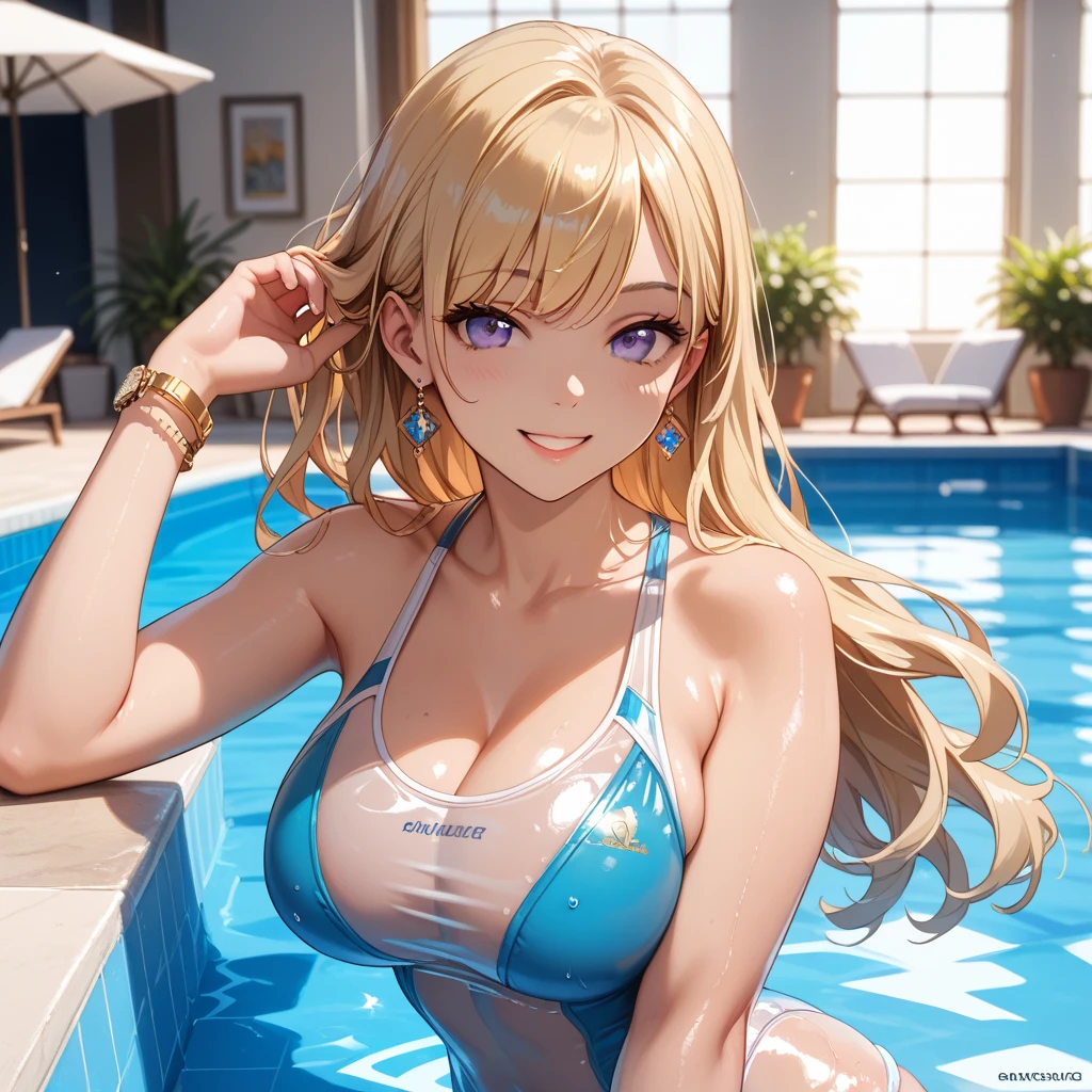 School Swimsuit　Yellow swimsuit　Blonde　Pool　smile　amount　ponytail　