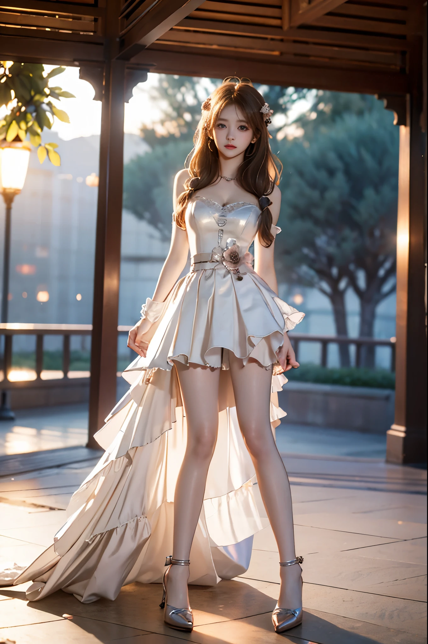diana,diana dress3 ,,((full body, from below)), (masterpiece, best quality, ultra-detailed, 8k), (yushuxin,1girl,solo), realistic, a beautiful sexy long-legged model (I-type Valley), (Full breasts, visible cleavage, very short skirt hem, exposed shoulders), ((Sitting posture:1.3, Sitting on a bench in an ancient-style pavilion, leaning against the guardrail)), (Tyndall Effect), (At night,:1.3 moonlight:1.3), one hand playfully lifting her hair, the other gently raising the hem of her flowing summer dress, seductive pose, perfect and symmetrical leg anatomy, glistening water, soft natural lighting, (wind blowing gently:1.1), (ambient lighting:1.2), bokeh, cinematic shot, dynamic angle, professional photography, shallow depth of field, sharp focus, vibrant colors, (slightly tanned skin:1.1), (natural makeup:1.1), (delicate features:1.1)