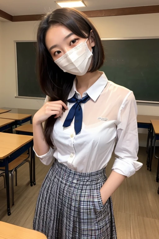 Tiny, 12 year old, Beautiful Japanese, cleavage, sitting on school desk, tanned thighs showing, up skirt, tight white shirt tied under , bare stomach, tiny blue and grey plaid skirt. Hands on lap. Sitting upright. Serious look on face. Black gas mask.