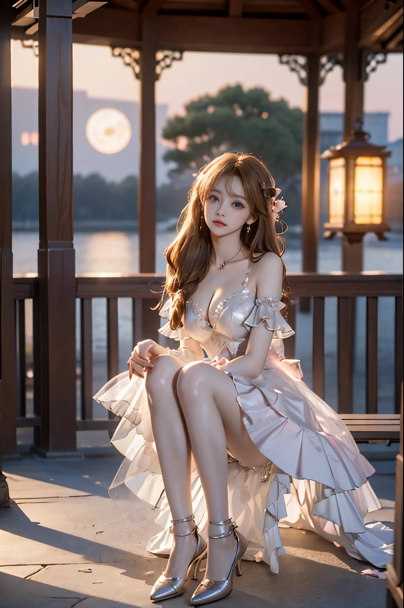 diana,diana dress3 ,,((full body, from below)), (masterpiece, best quality, ultra-detailed, 8k), (yushuxin,1girl,solo), realistic, a beautiful sexy long-legged model (I-type Valley), (Full breasts, visible cleavage, very short skirt hem, exposed shoulders), ((Sitting posture:1.3, Sitting on a bench in an ancient-style pavilion, leaning against the guardrail)), (Tyndall Effect), (At night,:1.3 moonlight:1.3), one hand playfully lifting her hair, the other gently raising the hem of her flowing summer dress, seductive pose, perfect and symmetrical leg anatomy, glistening water, soft natural lighting, (wind blowing gently:1.1), (ambient lighting:1.2), bokeh, cinematic shot, dynamic angle, professional photography, shallow depth of field, sharp focus, vibrant colors, (slightly tanned skin:1.1), (natural makeup:1.1), (delicate features:1.1)