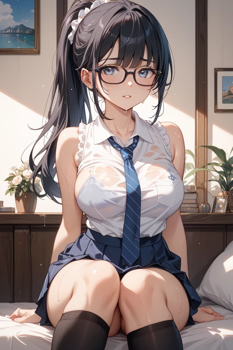 NSFW、masterpiece、Highest quality、High resolution、Very detailed、1 girl、(dark brown skin color:1.2)、black eye、Poor girl、Pain behind the smile、Sleepy eyes、shameless、独奏、Stand with your legs spread wide、Beautiful thighs、(White Micro Mini Dress White、White camisole mini dress、Silk dress)、female teacher、Gold Necklace、Big Breasts、Bare thighs、Big Breasts、Glowing Skin、3 Up、Gorgeous and bright、Refreshing and gentle look、Perfect beautiful face、Beautiful shiny bangs、Mature adult woman、eyeliner、So perfect eyes、Very large breastuscular body、(Kyoto Animation Style、Dark blue shorthair、(Dark blue hair:1.7)、Blunt bangs、Hair between the eyes、Clear Eyes、Dark Eyes、Black-rimmed glasses)、lips、lipstick、A seductive smile、Floating Hair、mole、(cheekbone:1)、(目の下のmole:1.2)、)、high school、classroom