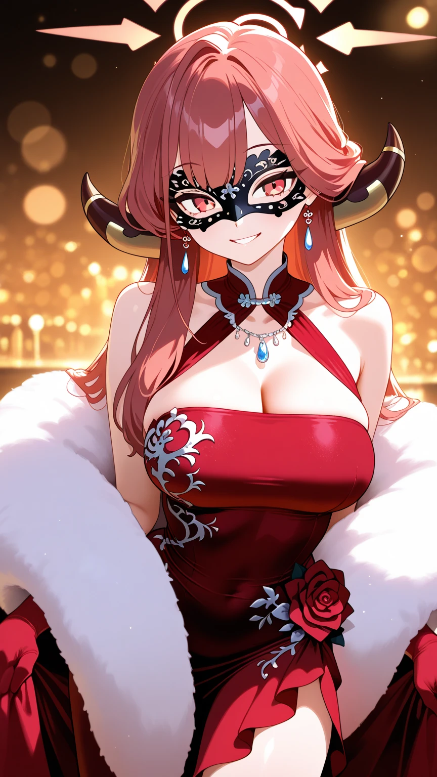 a beautiful young slender girl, anime style, large breasts, scarlet hair ponytail, lush bright red lips, lace indigo bra, sensual indigo corset red patterns, soft black skin, puffy mini skirt, black lace stockings, neutral background, nude,