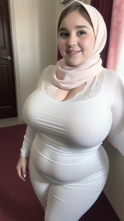 ((masterpiece)), ((realistic)), ((detail)), 8K, fat mature woman in hijab posing in the kitchen, wearing a thin white casual t-shirt, (casual t-shirt covering large breasts (covering large breasts (covering saggy breasts))), breasts in thin clothes!, bbw, body (proportion (actual(detail))), natural skin