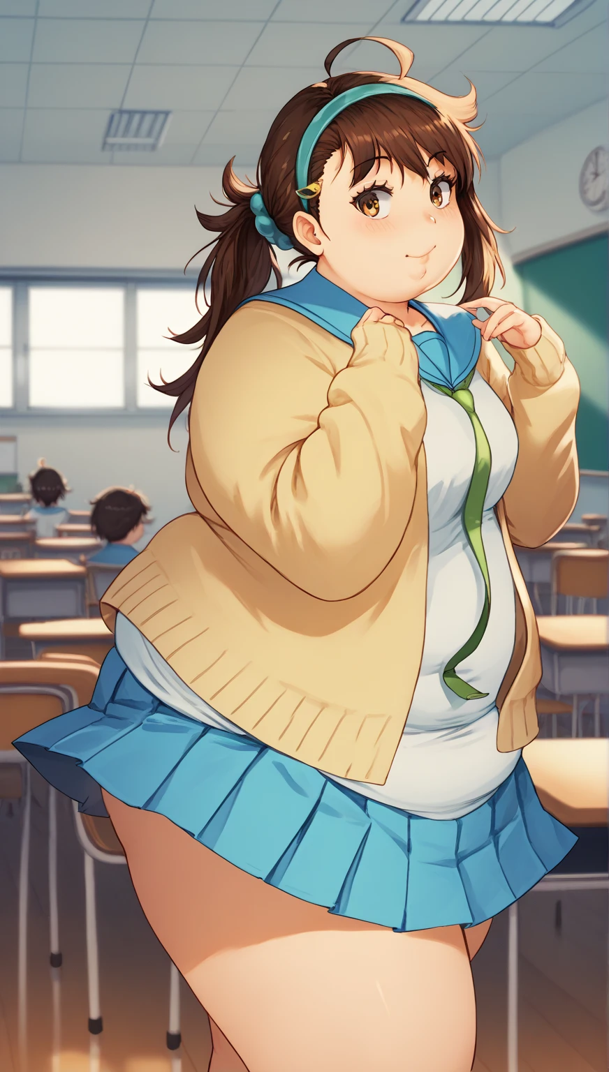 masterpiece, best quality, highres, an1, brown eyes, ponytail, , blue sweater vest, red necktie, pink skirt, cowboy shot, outdoors, smile, open mouth, large breast, chubby, fat belly, thick thighs. slightly exposed midriff. wide hips. thick legs.