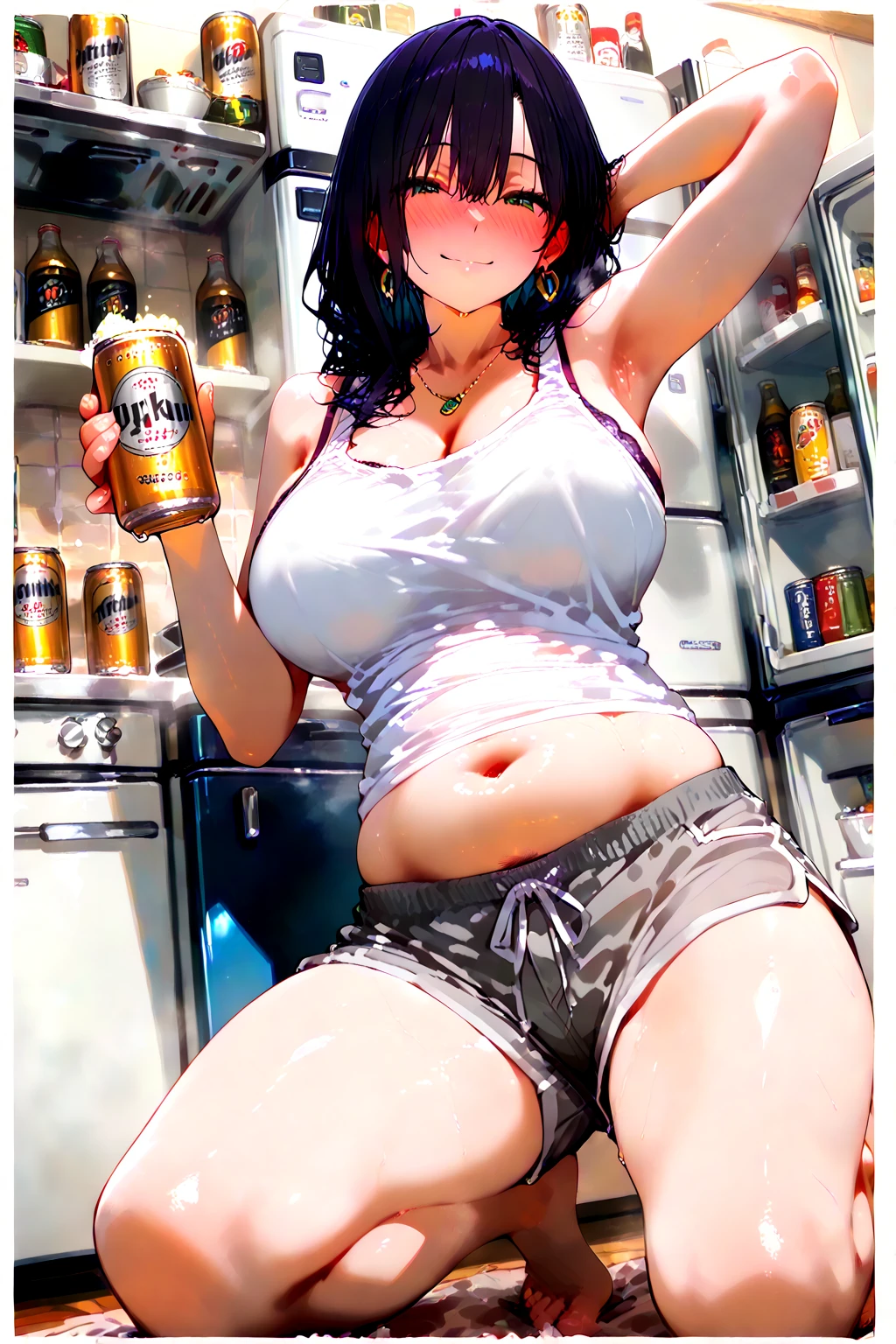 Hucow girl holding a big milk carton, masterpiece, candid photo, shy, short hair, big eyes, (detailed face), curvy, enormous breasts, two symmetrical horns, white (tight shirt), crop top, cute open cow patterned jacket, choker with bell, (in a colorful supermarket), mature female, thick thighs, earrings, high detail, ultra-detailed, retro, big lips