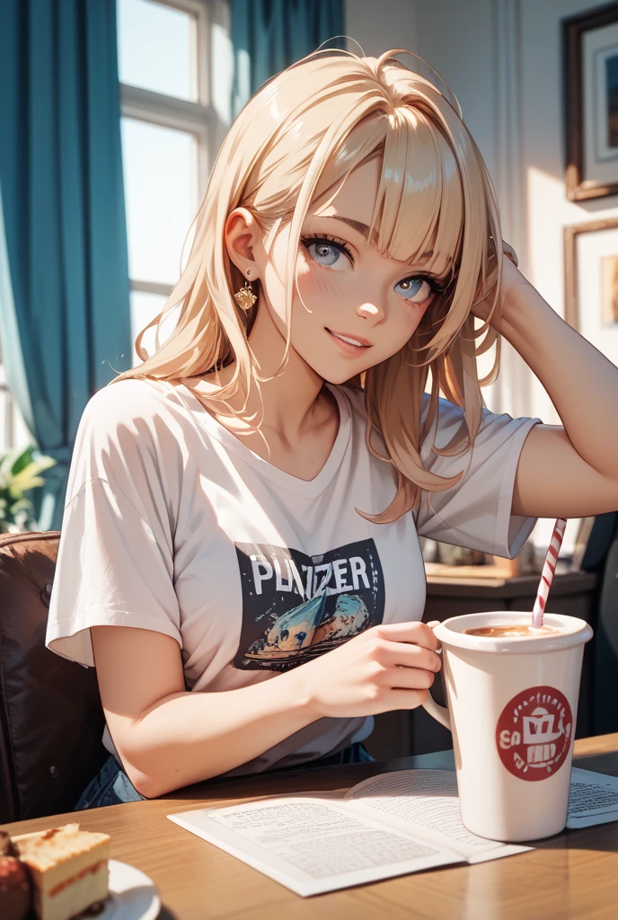 One long hair Girl，Sit in a café，Hold the cheeks，Smiling and staring out the window，Far Mountain，lakes，and the sun was shining brightly，Animation-style rendering，cute 3 d render，Small characters。Unreal Engine5，Stylized anime，Cute and detailed digital art，Atey Ghailan 8 K，Stylized 3D rendering，adventure hyper realistic render，Anime style 3D，Stylized 3D rendering，（tmasterpiece，best qualtiy），