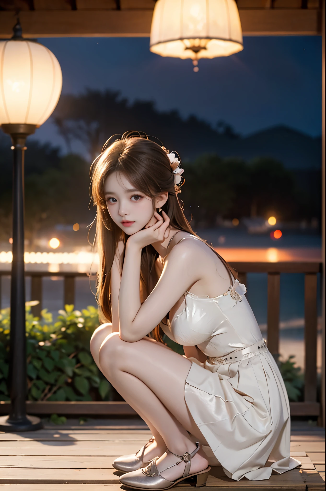 diana,diana dress3 ,,((full body, from below)), (masterpiece, best quality, ultra-detailed, 8k), (yushuxin,1girl,solo), realistic, a beautiful sexy long-legged model (I-type Valley), (Full breasts, visible cleavage, very short skirt hem, exposed shoulders), ((Sitting posture:1.3, Sitting on a bench in an ancient-style pavilion, leaning against the guardrail)), (Tyndall Effect), (At night,:1.3 moonlight:1.3), one hand playfully lifting her hair, the other gently raising the hem of her flowing summer dress, seductive pose, perfect and symmetrical leg anatomy, glistening water, soft natural lighting, (wind blowing gently:1.1), (ambient lighting:1.2), bokeh, cinematic shot, dynamic angle, professional photography, shallow depth of field, sharp focus, vibrant colors, (slightly tanned skin:1.1), (natural makeup:1.1), (delicate features:1.1)