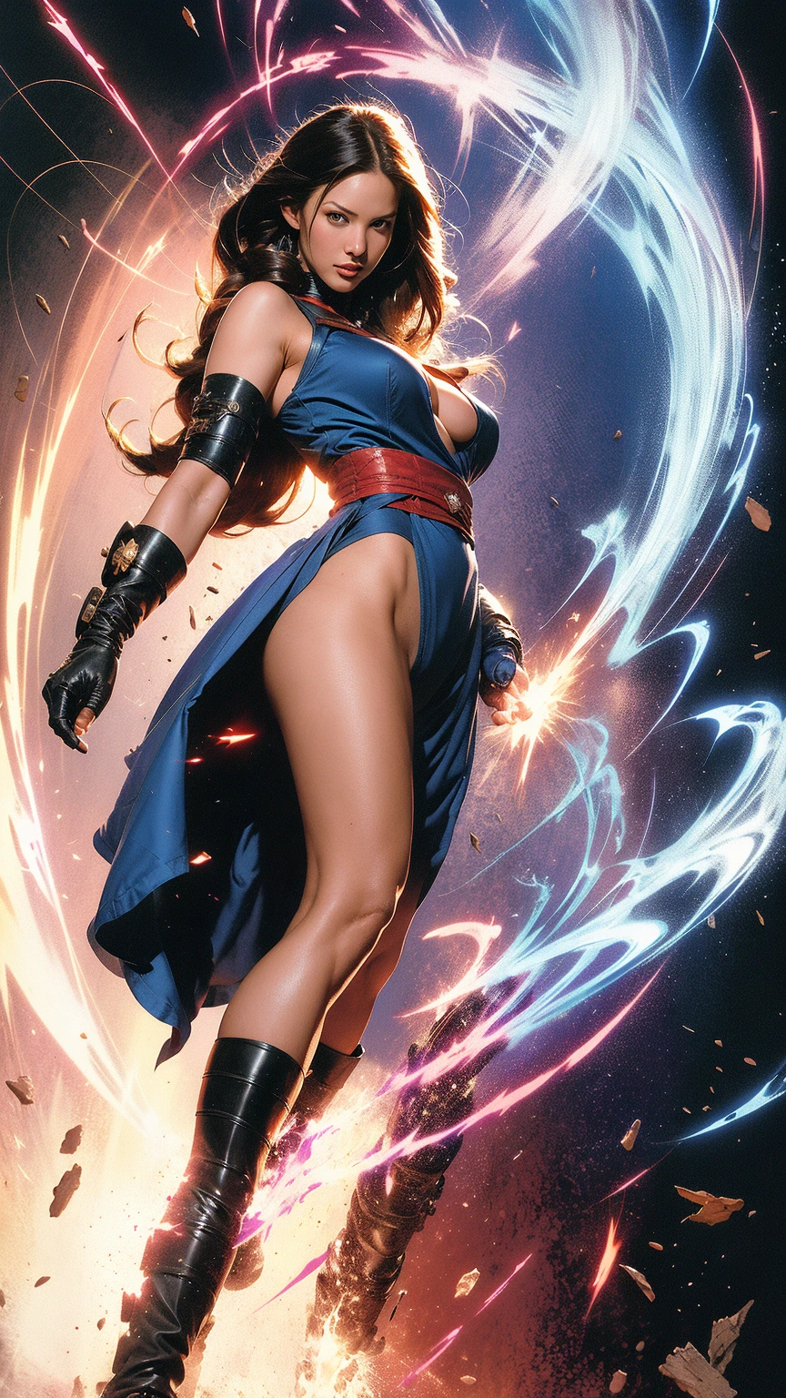 a woman in a fighting stance,milena from mortal kombat,full body shot,extremely detailed face and anatomy,4k, high quality, ultra-detailed,photorealistic,dramatic lighting,cinematic composition,dynamic pose,vivid colors,fantasy character,video game art, roupa cor pink, topless